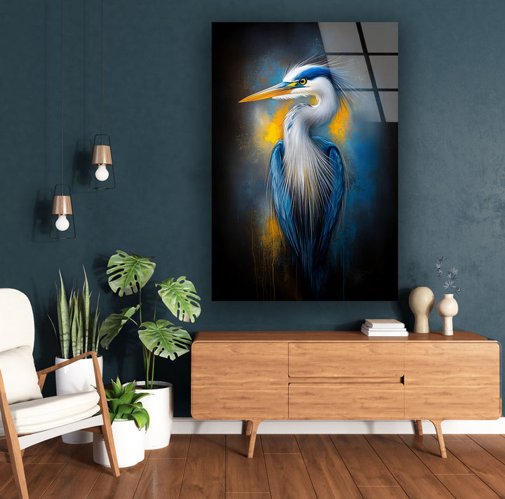 Electric Blue Heron – Auffallende Eleganz als Wanddekoration aus Glas
