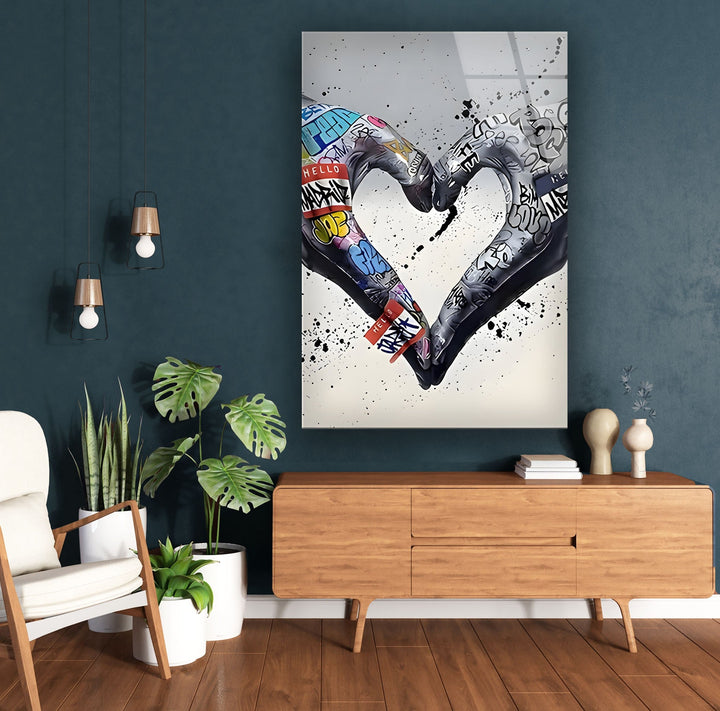 Graffiti Heart Black and White Glass Wall Art custom glass pictures, glass art prints
