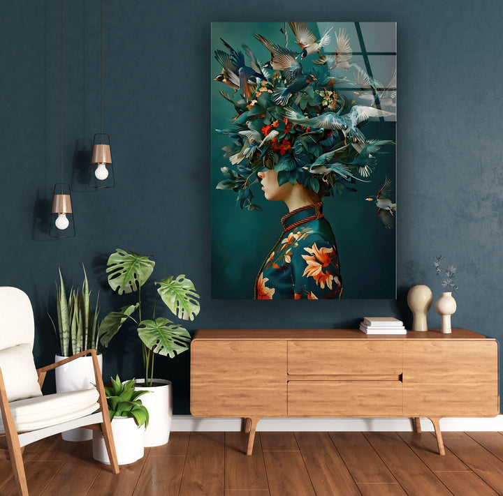 Bird Head Woman Glass Wall Art photo print on glass, prints on glass wall art
