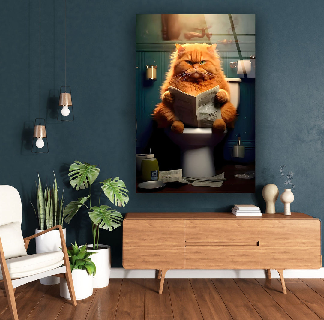 Orange Cat Reading Glass Wall Art glass art painting, glass art for the Wall
