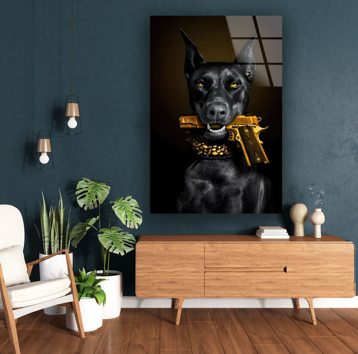 Doberman with Golden Gun Glass Wall Art large glass photo prints, glass wall photos
