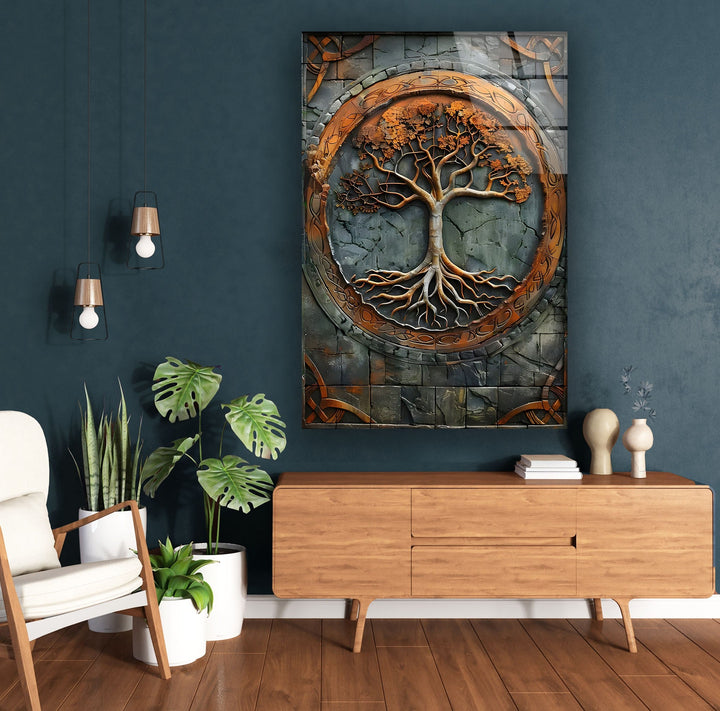Copper Design Tree Glass Wall Art picture on glass wall art, photos printed on glass
