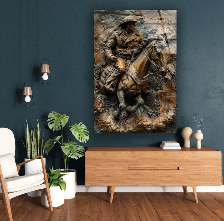 Man Riding a Horse Bronze Glass Wall Art glass image printing, glass prints from photos
