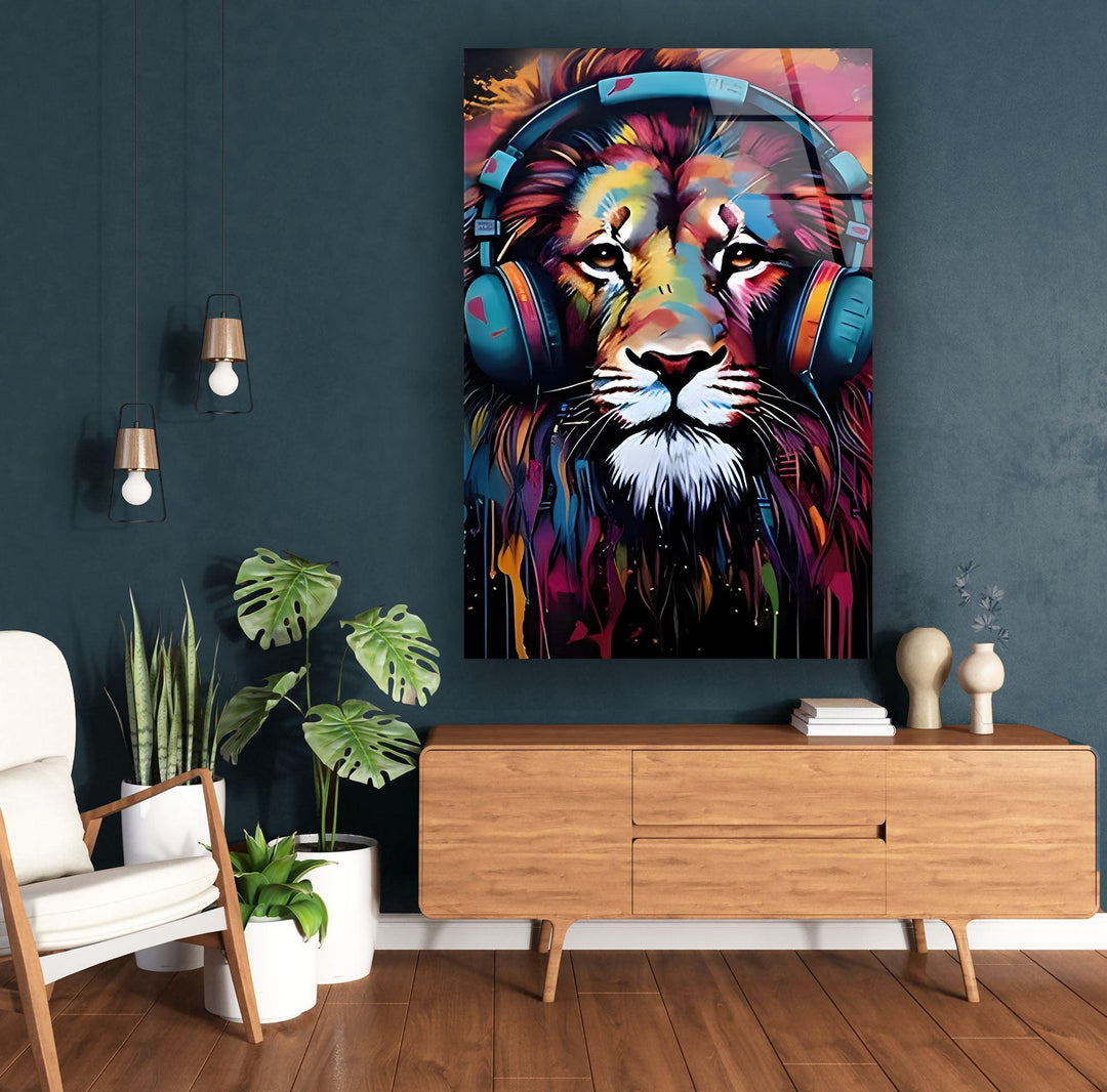 Lion with Headphones Glass Wall Art glass art painting, glass art for the Wall
