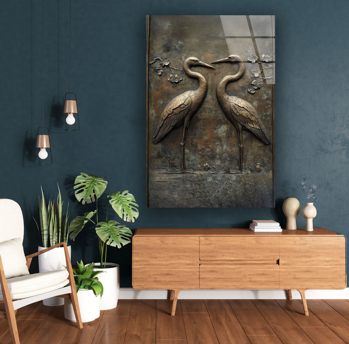 Eternal Pair – Bronze Crane Relief Glass Wall Art