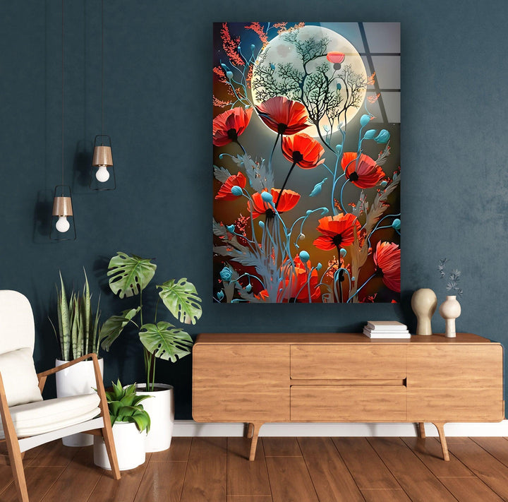 Midnight Colored Flowers Glass Wall Art custom glass pictures, glass art prints
