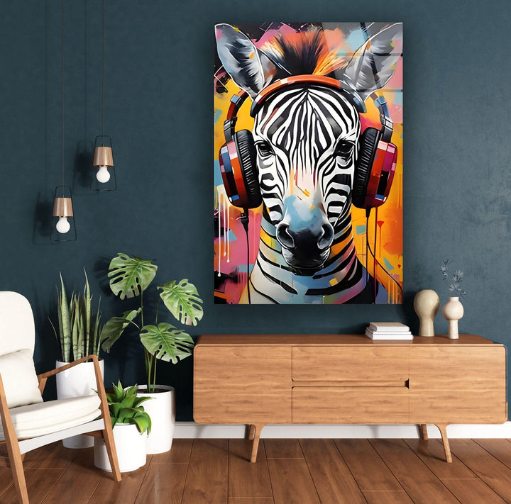 Zebra with Headphones Glass Wall Art picture on glass wall art, photos printed on glass
