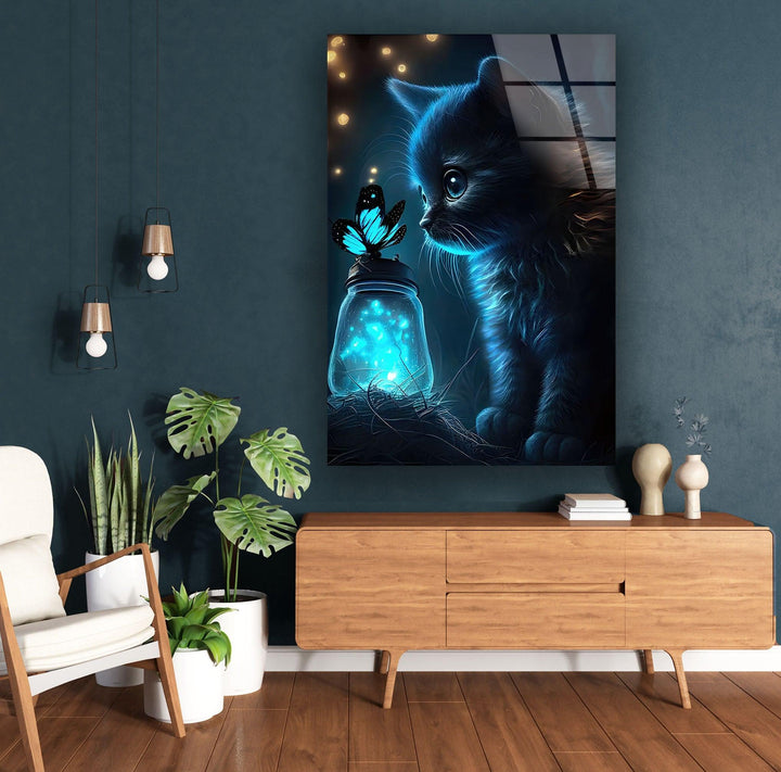Butterfly & Cat Glass Wall Art print on glass, glass printed photos
