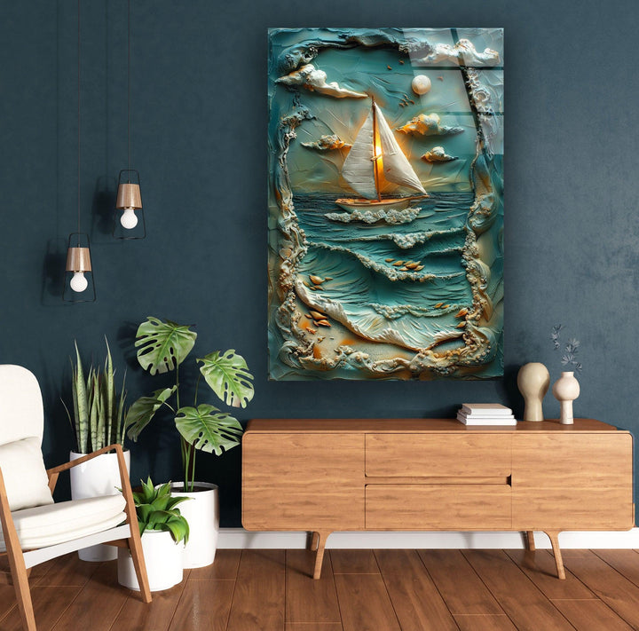 Boat & Sunset Landscape Clay Art Glass Wall Art Glass Printing Wall Art, Print photos on glass
