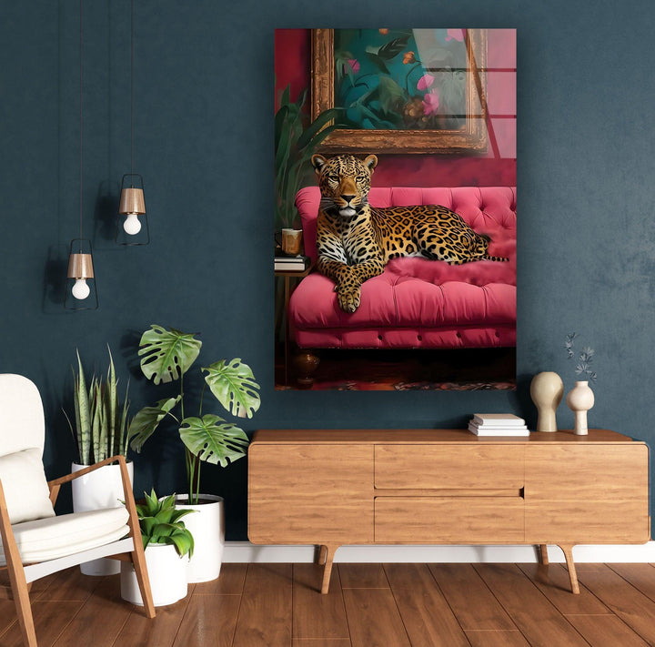 Leopar Sitting on Pink Seat Glass Wall Art glass wall decor, glass wall art decor
