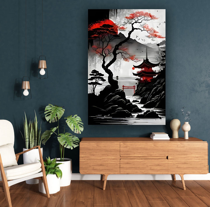 Red Moon Japan Art Glass Wall Art art glass wall art, glass wall art pictures
