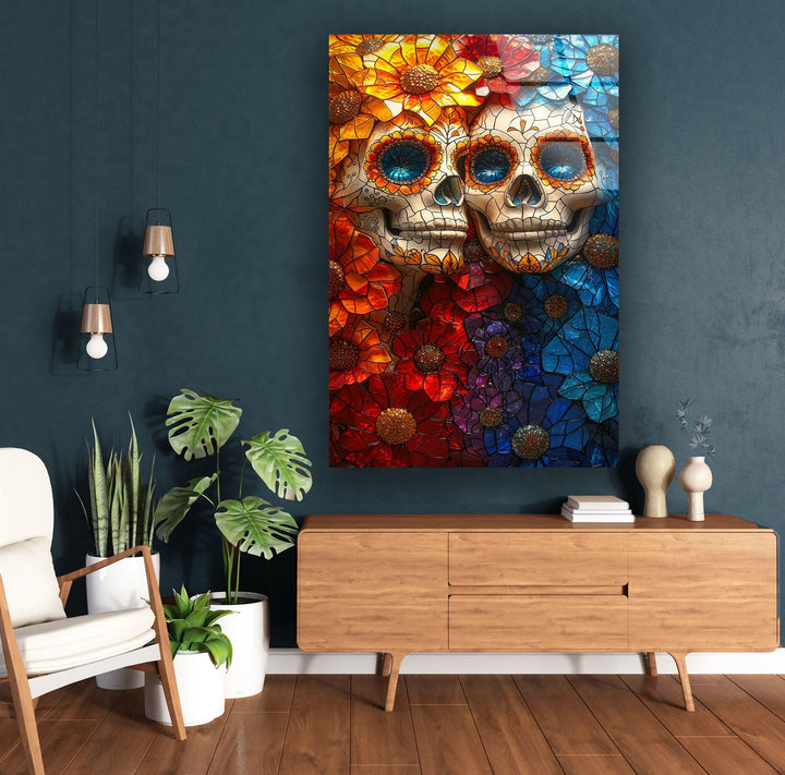 Orangefarbener und blauer Totenkopf-Wandschmuck aus Glas
