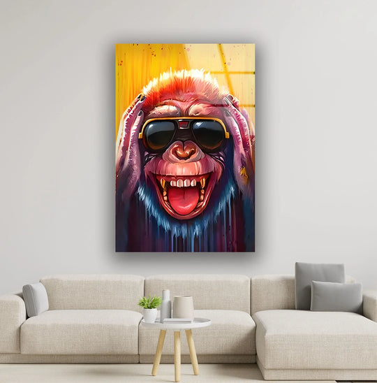 A wild primate with expressive organic forms and colorful textures bursts from this glass wall art decor.