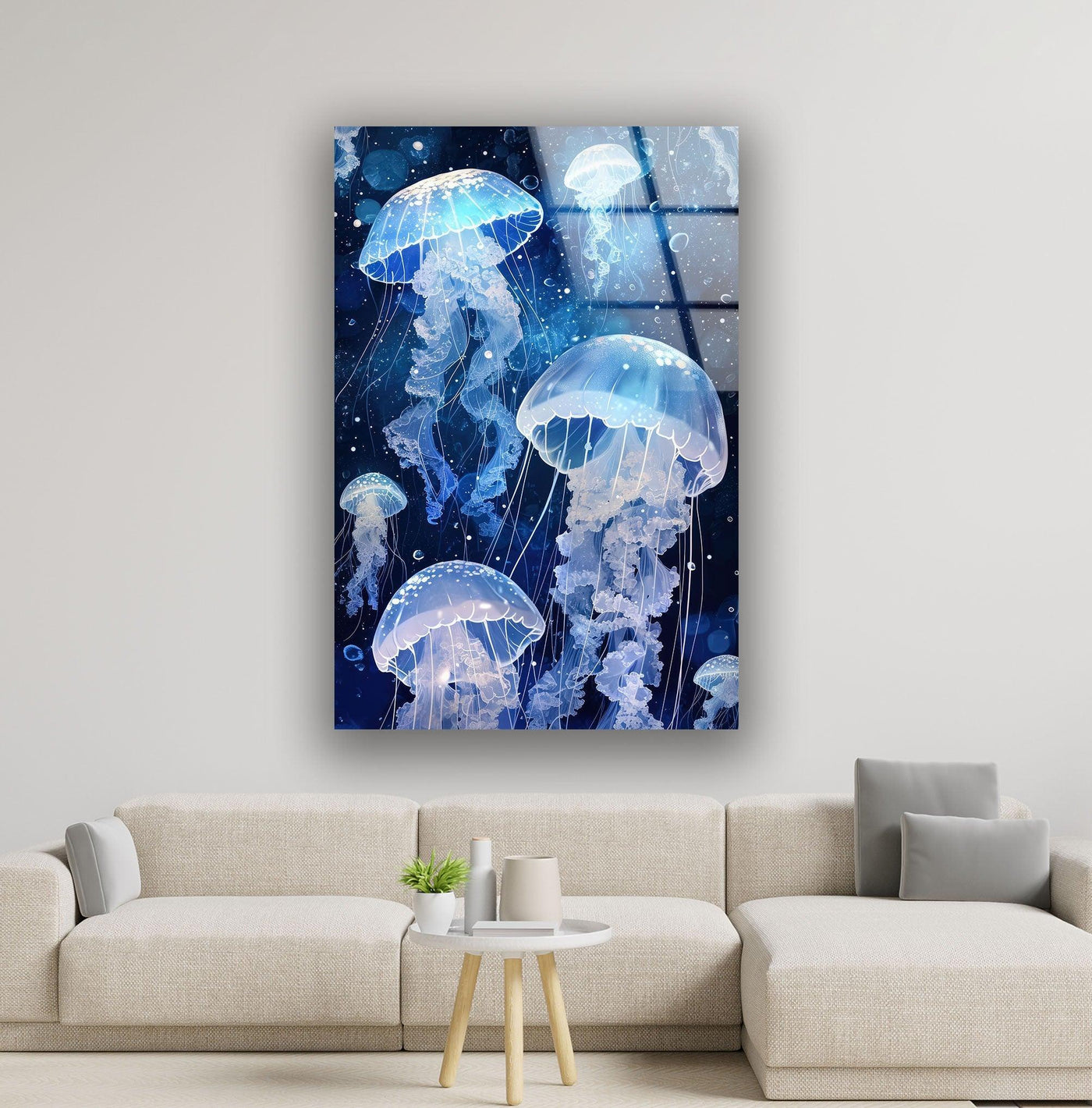 Cool blue tones dominate this mesmerizing art from glass, featuring ethereal jellyfish in a deep ocean setting.