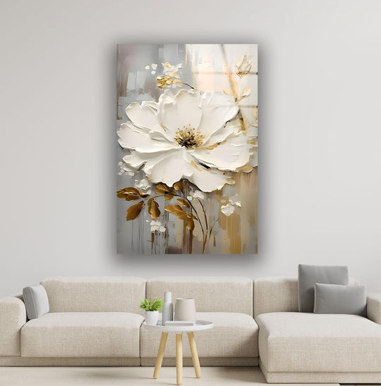 Striking 3D white oil art flower glass wall art with gold accents, a captivating home decor statement piece.