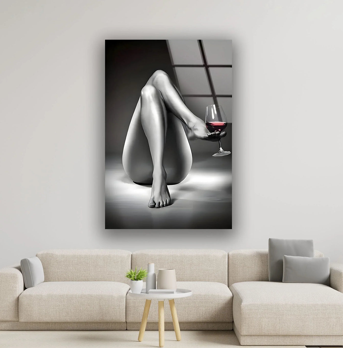 Vertical rectangular erotic wall art showcases woman's legs and wine glass through high-quality glass printing, enhancing the art's orientation and shape.