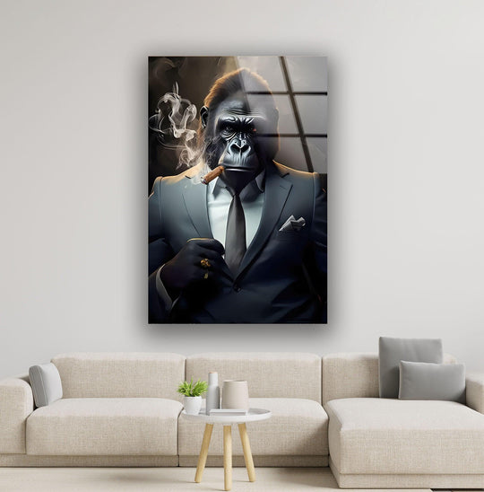Sleek, striking glass wall art decor features a gorilla smoking a cigar, showcasing exceptional material quality.