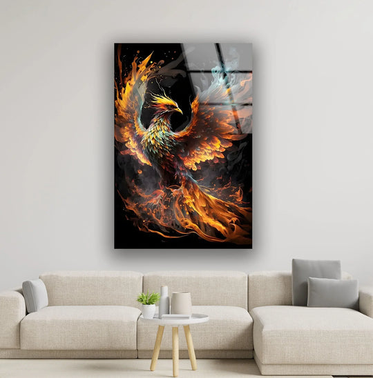 Majestic colored fire phoenix glass wall art prints explode with vibrant orange and yellow flames against a dark background.