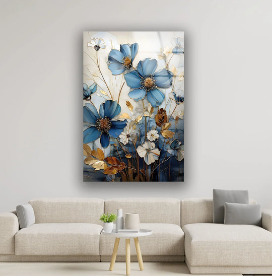 Close-up view of realistic detail in blue and white botanical glass wall art prints with intricate gold accents and delicate petals.