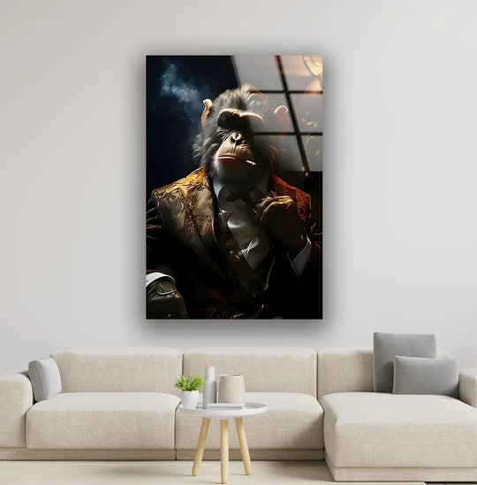A distinguished monkey in a suit is featured in this glass art painting, showcasing a distinct layering effect.