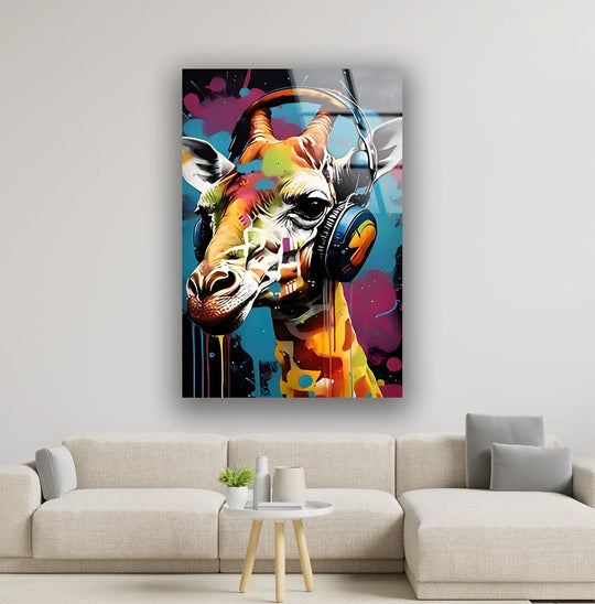 A vibrant, warm color temperature radiates from this pop art giraffe with headphones hanging wall art.