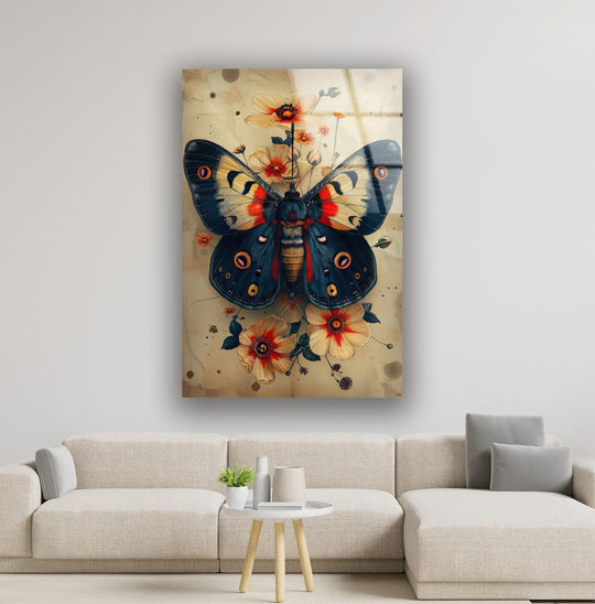 Intricate navy blue vintage butterfly glass wall art with bold red accents and floral details makes the loudest statement.