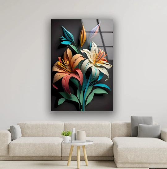 A realistic depiction of a white and pink lily glass wall art, a unique modern wall decor featuring vivid floral detail.