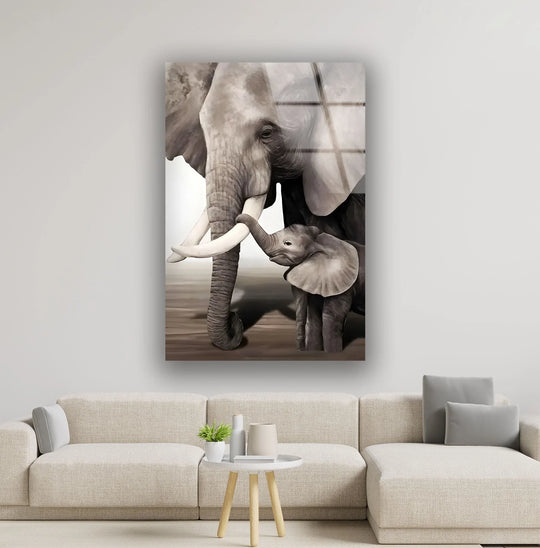 Family of Elephant glass wall art shows gray elephants and lifelike 8K UV printing and animal wall art for wildlife decor and elephant art on a white wall