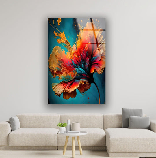 A vivid splash of azure blue with golden paint splatters forms the dramatic background for this glass wall art decor.