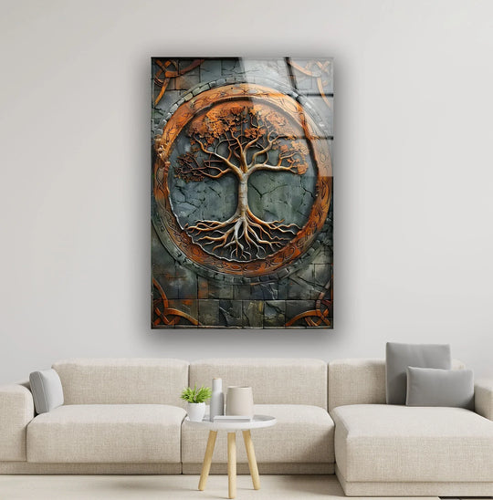 Rich copper tones and desaturated grey stonework saturate this captivating copper design tree print wall art.