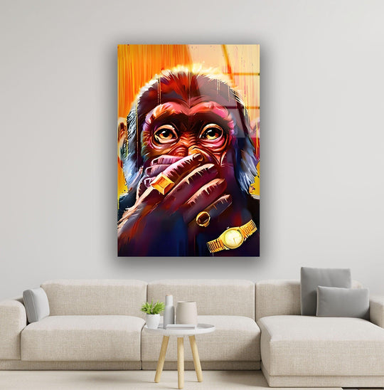 Vibrant orange streaks in the background highlight the face of a cool rich monkey wall art prints.