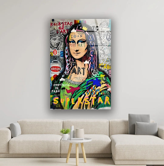 Bold graffiti pop art glass wall art decor featuring vibrant, high-contrast colors against a Mona Lisa portrait.
