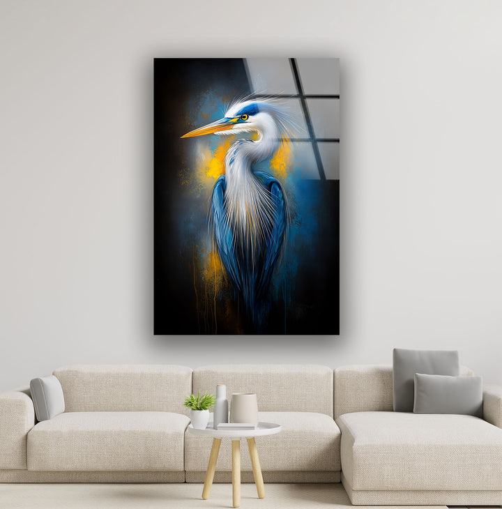 Electric Blue Heron – Auffallende Eleganz als Wanddekoration aus Glas