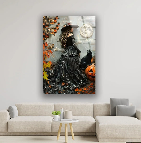 The softest element of this glass wall artwork is the flowing black fabric of the princess's dress.