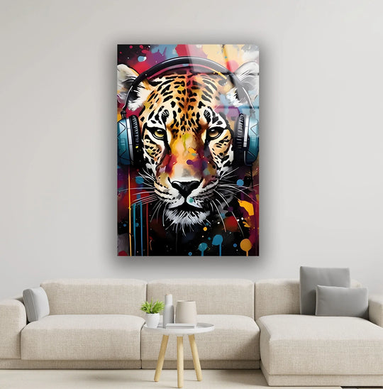 A vibrant leopard with headphones pauses in stillness, captured on wall prints.