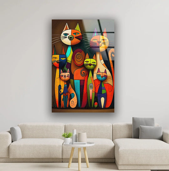 Vibrant colored cats glass wall art showcases a family of felines with intricate geometric patterns and realistic detail on art from glass.
