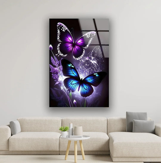 Vibrant glass printing featuring textured purple and blue butterflies with shimmering accents on a dark background.