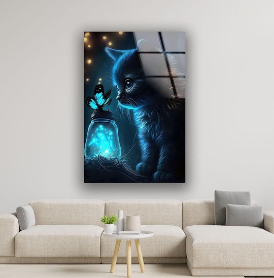 Intricate glass art painting of a fluffy black kitten curiously gazing at a luminous blue butterfly perched atop a glowing jar.