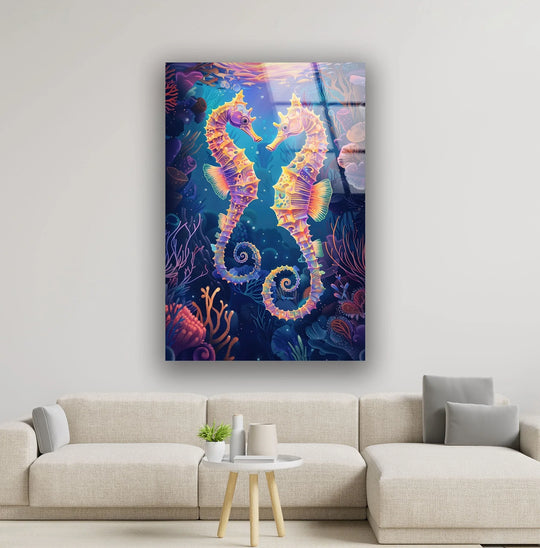 The orange sea horses glass wall art shows colorful sea life and aquatic animals in a vertical ocean art design and is perfect animal art for home decor