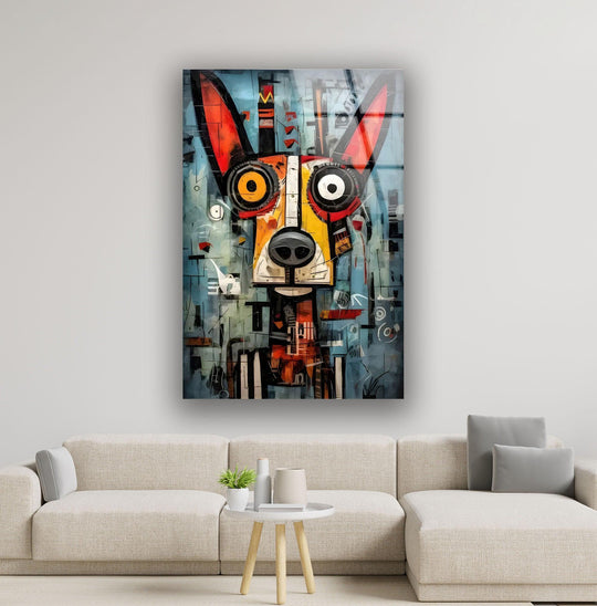 Colorful abstract dog art, featuring a unique finish, is a stunning piece of glass printing for any wall.