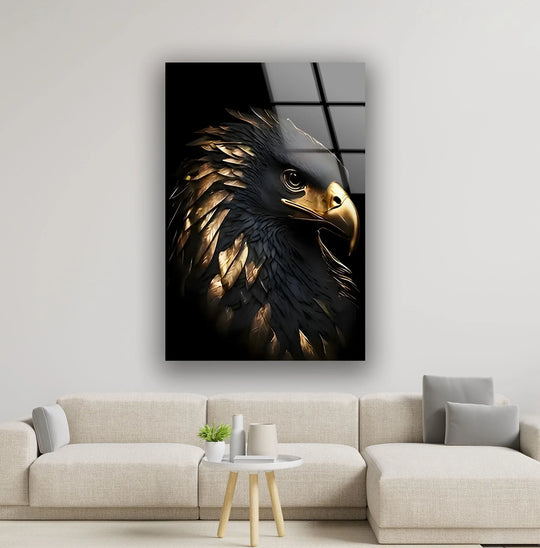 Majestic black and gold eagle head detailed art from glass, capturing a powerful gaze.