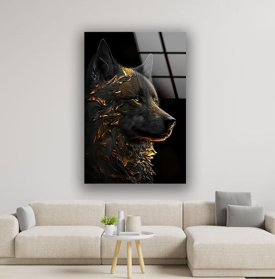 The softest element of this noble black wolf glass art appears to be the luminous wisps of golden fur that flow around its face.