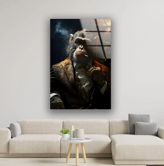 Premium 8K UV printed tempered glass wall art decor depicts a smoking monkey in a suit with a striking finish.