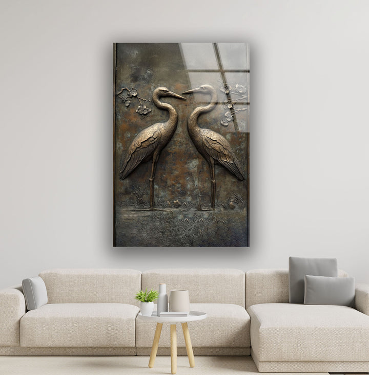 Eternal Pair – Bronze Crane Relief Glass Wall Art