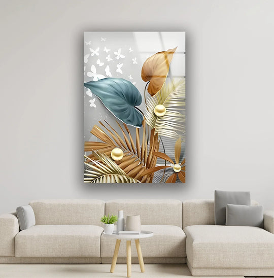 Boheme art brown flower glass wall art prints showcase a stunning transition from a deep teal leaf to warm, golden-brown foliage.