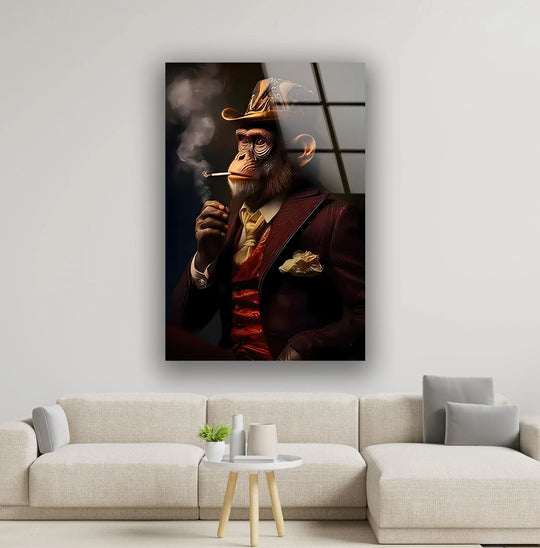 A dapper chimpanzee wearing a hat and suit exhales smoke, a striking piece of unique modern wall decor.
