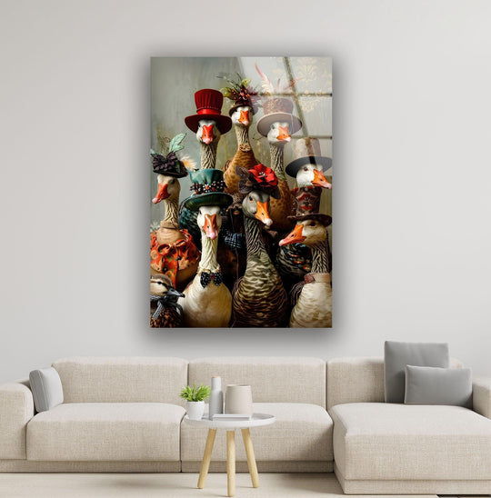Vibrant glass art painting of ducks in hats displays rich color saturation with exaggerated hues and detailed textures.