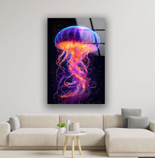 Vibrant jellyfish art showcases stunning glass printing with vivid colors and detailed textures.