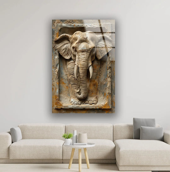 This glass wall art shows a 3D elephant stone art animal design and it is tempered glass wall art and animal wall decor and perfect as rustic charm on a white wall