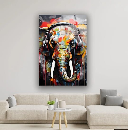 Vibrant splash art elephant with headphones rendered in a rich glass art painting finish.